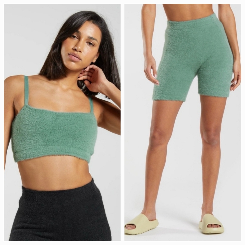Gymshark X Whitney Simmons Eyelash Knit Bandeau and Shorts in Leaf Green Sz M/L